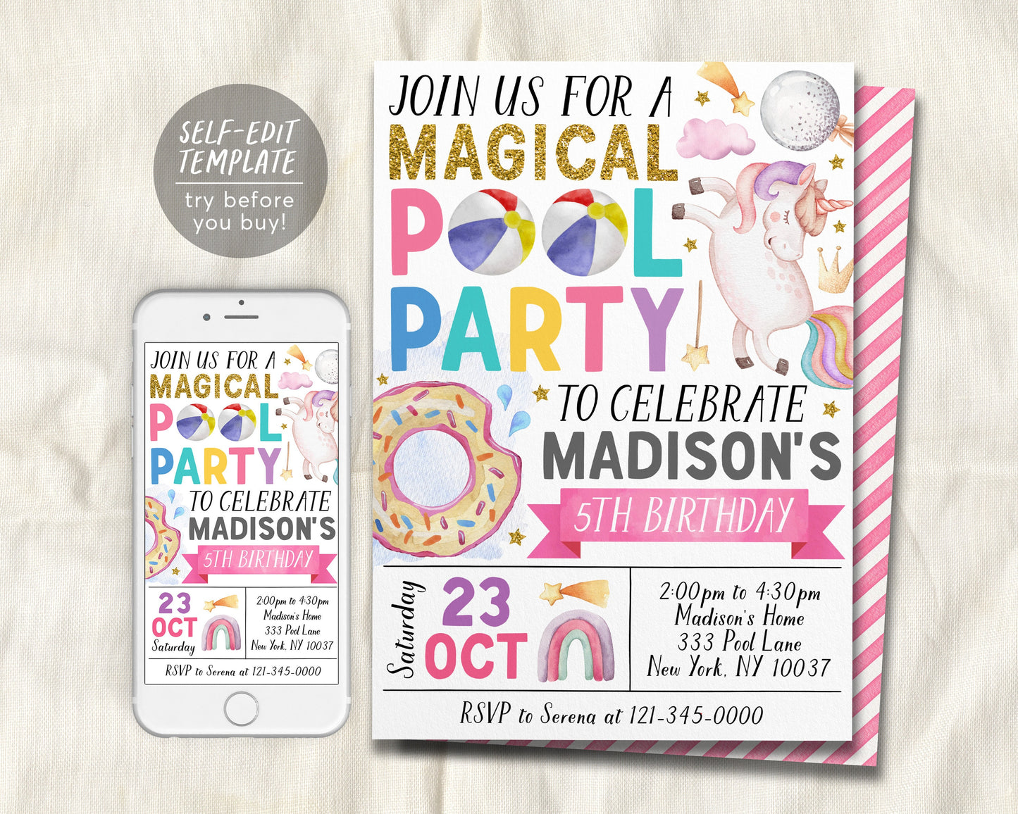 Unicorn Birthday Pool Party Invitation Editable Template