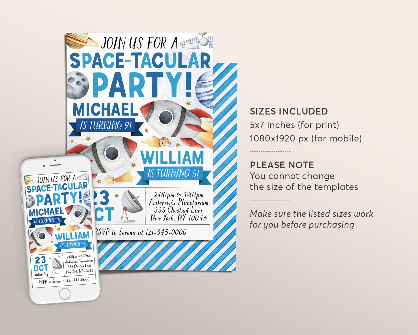 Outer Space Joint Siblings Double Birthday Invitation Editable Template, Boys Twins Spacetacular Solar System Rocket Ship Party Invite