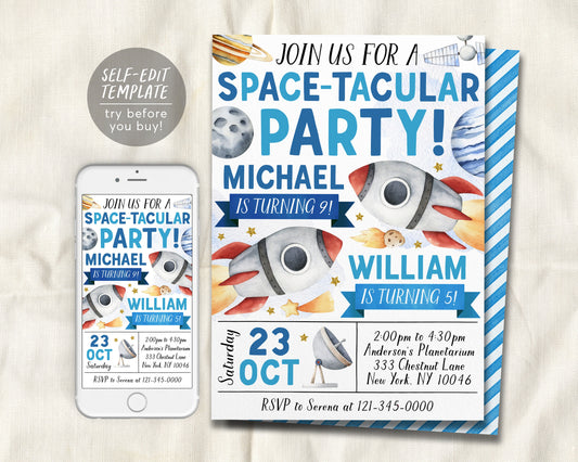 Outer Space Joint Siblings Double Birthday Invitation Editable Template