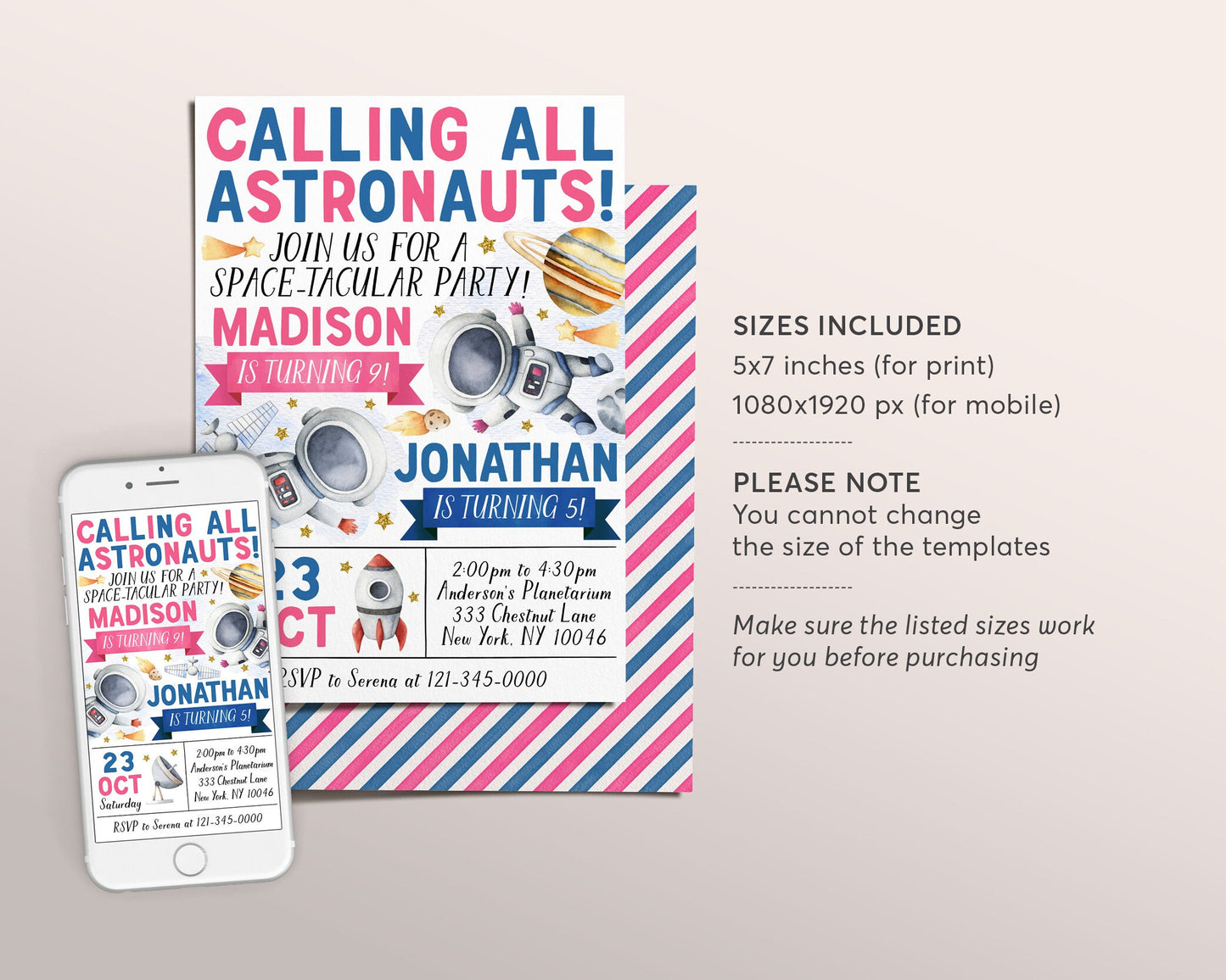 Astronaut Joint Siblings Double Birthday Invitation Editable Template, Girl Boy Twins Outer Space Themed Party Invite, Rocket Ship Evite