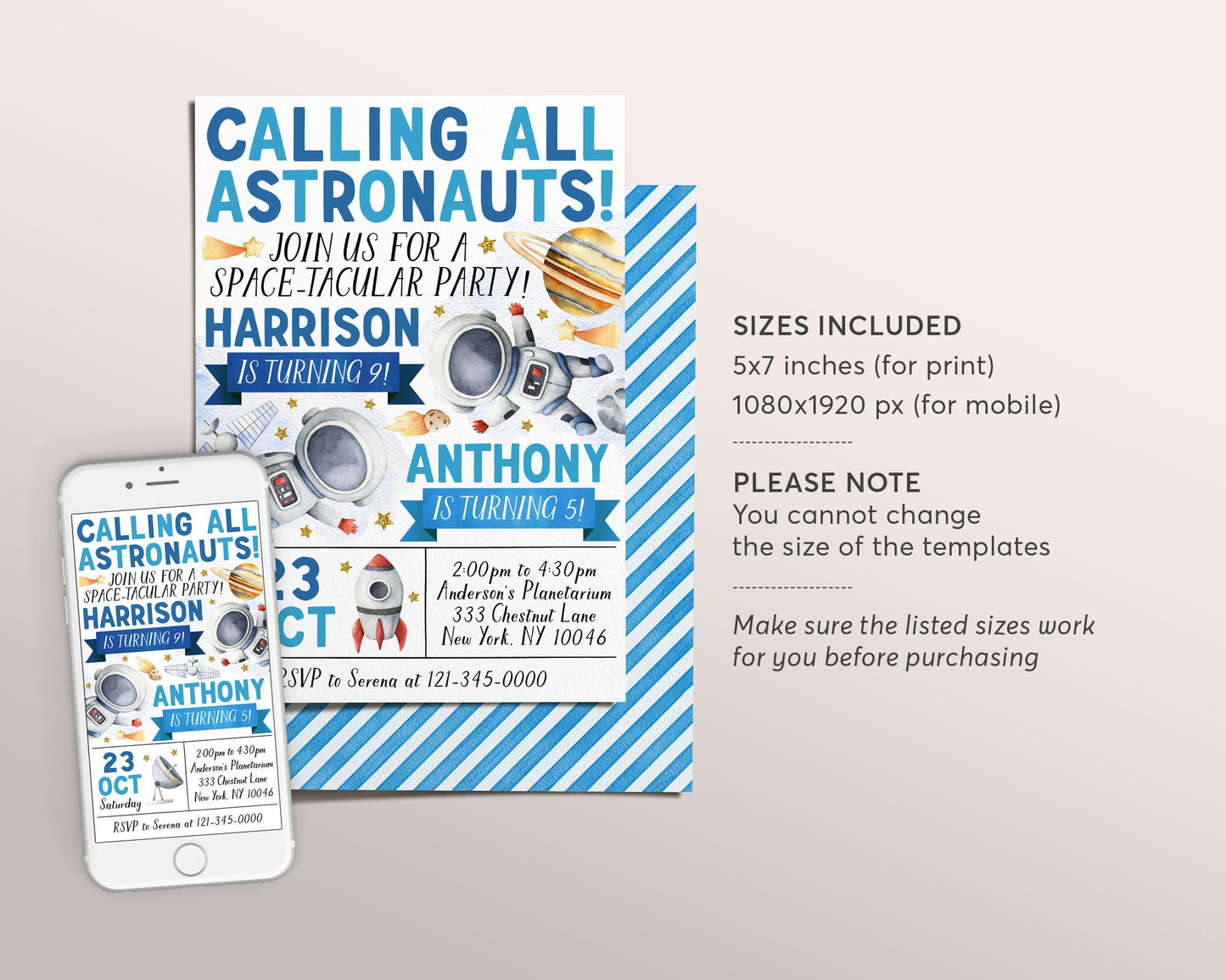 Astronaut Joint Siblings Double Birthday Invitation Editable Template, Boy Twins Outer Space Themed Party Invite, Rocket Ship Planets Evite