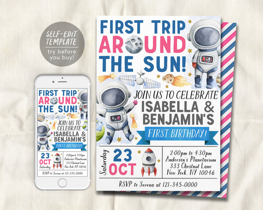 Outer Space First Birthday Joint Twins Siblings Invitation Editable Template