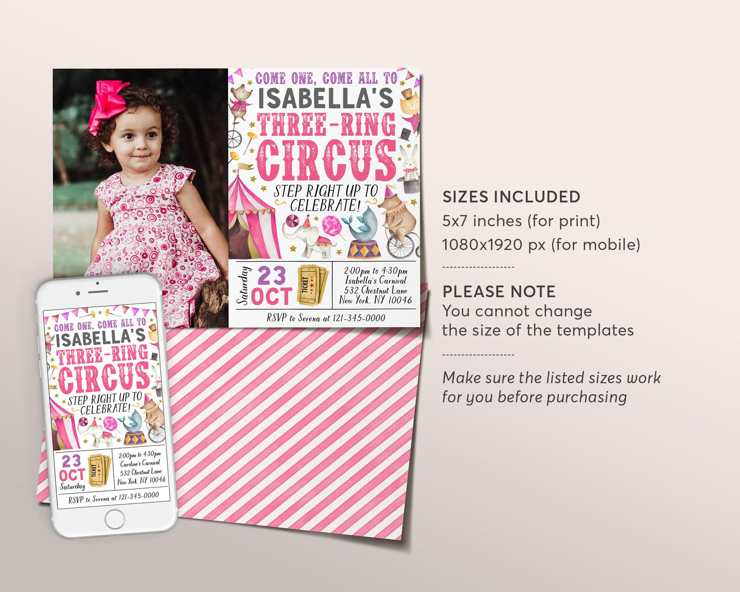 Carnival 3rd Birthday Invitation With Photo Editable Template, Three Ring Circus Circus Theme Third Birthday Party Invite, Circus Tent Evite