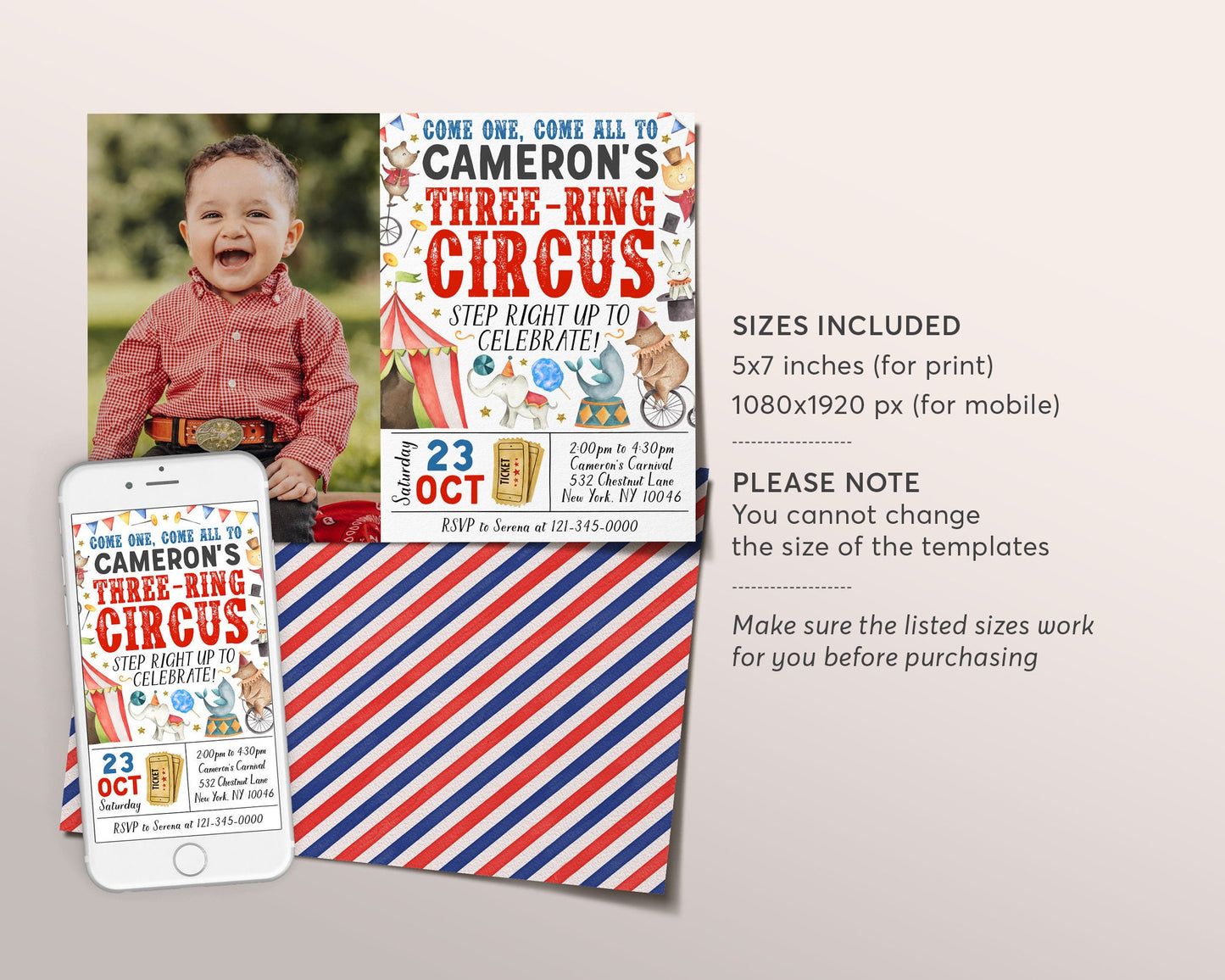 Carnival 3rd Birthday Invitation With Photo Editable Template, Three Ring Circus Circus Theme Third Birthday Party Invite, Circus Tent Evite