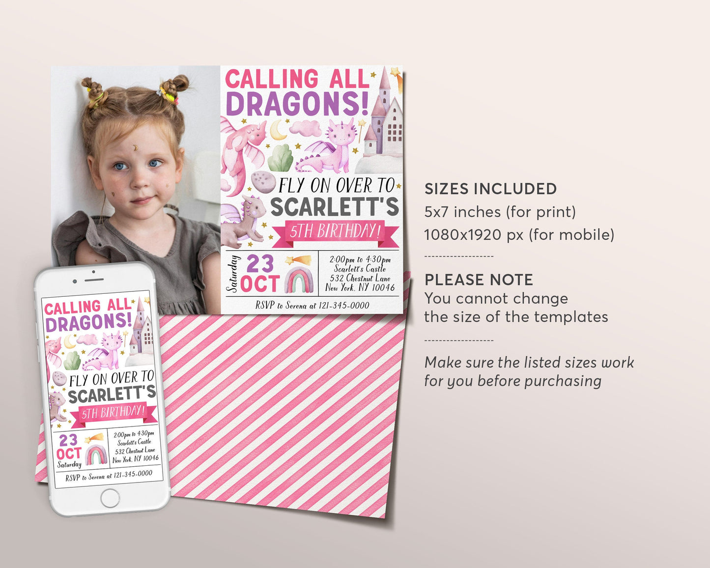 Dragon Birthday Invitation With Photo Editable Template, Girl Magical Adventure Dragon Theme Party Invite, Calling All Dragons Castle Evite