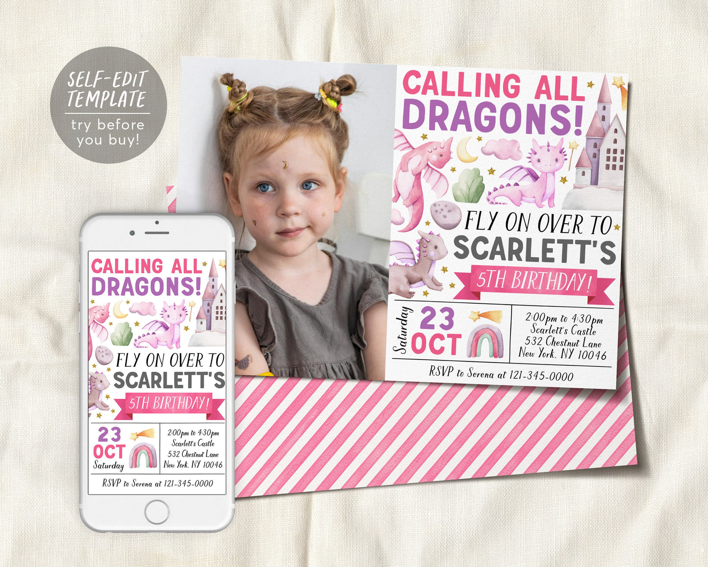 Dragon Birthday Invitation With Photo Editable Template