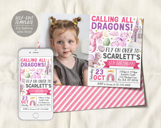 Dragon Birthday Invitation With Photo Editable Template