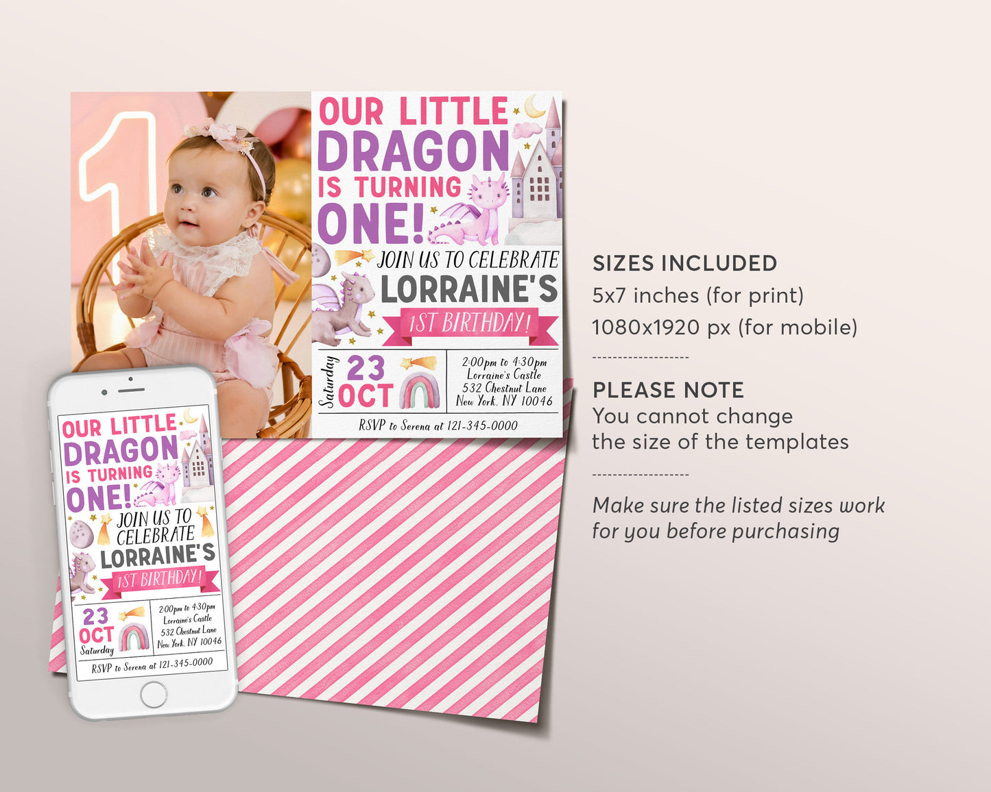 Dragon First Birthday Invitation With Photo Editable Template, Girl Magical Adventure Little Dragon Theme Party Invite , Dragons Evite