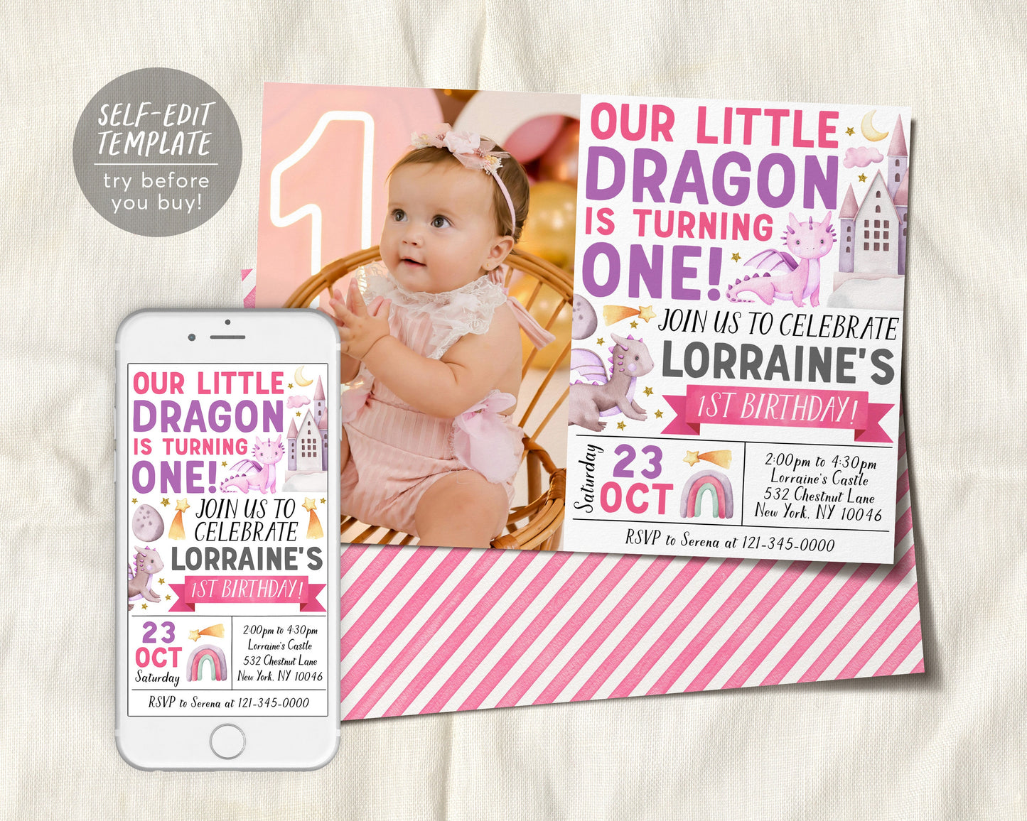 Dragon First Birthday Invitation With Photo Editable Template