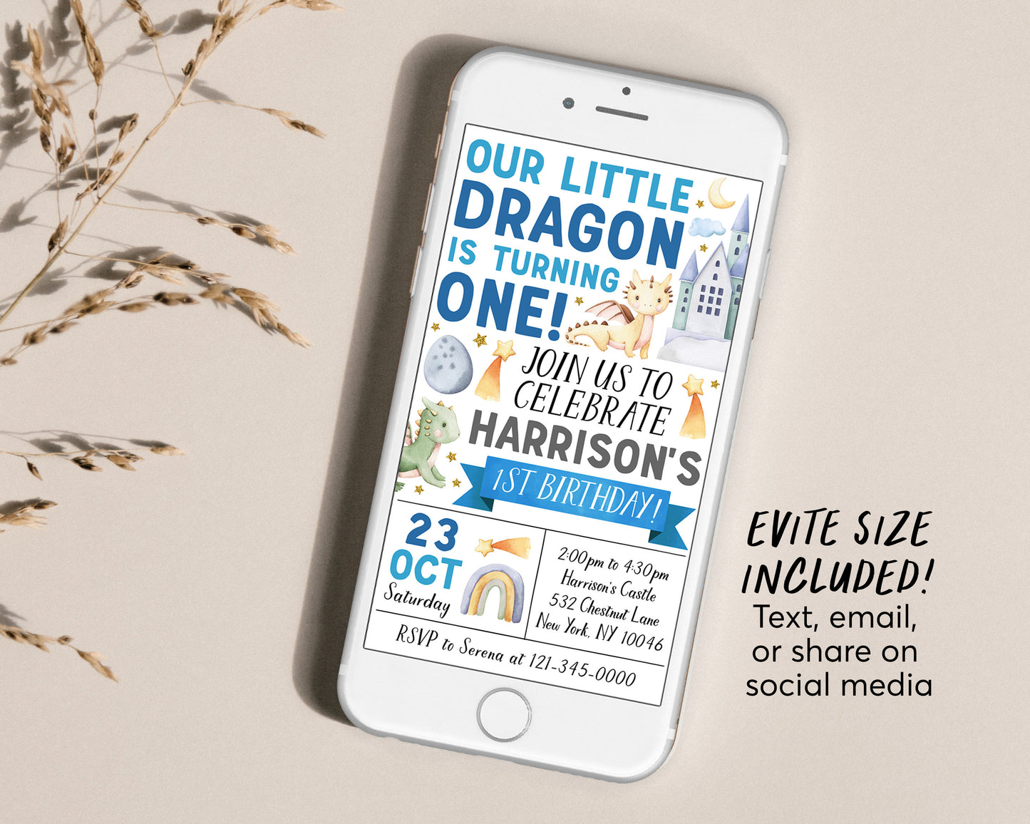 Dragon First Birthday Invitation With Photo Editable Template, Boy Magical Adventure Little Dragon Theme Party Invite , Dragons Castle Evite