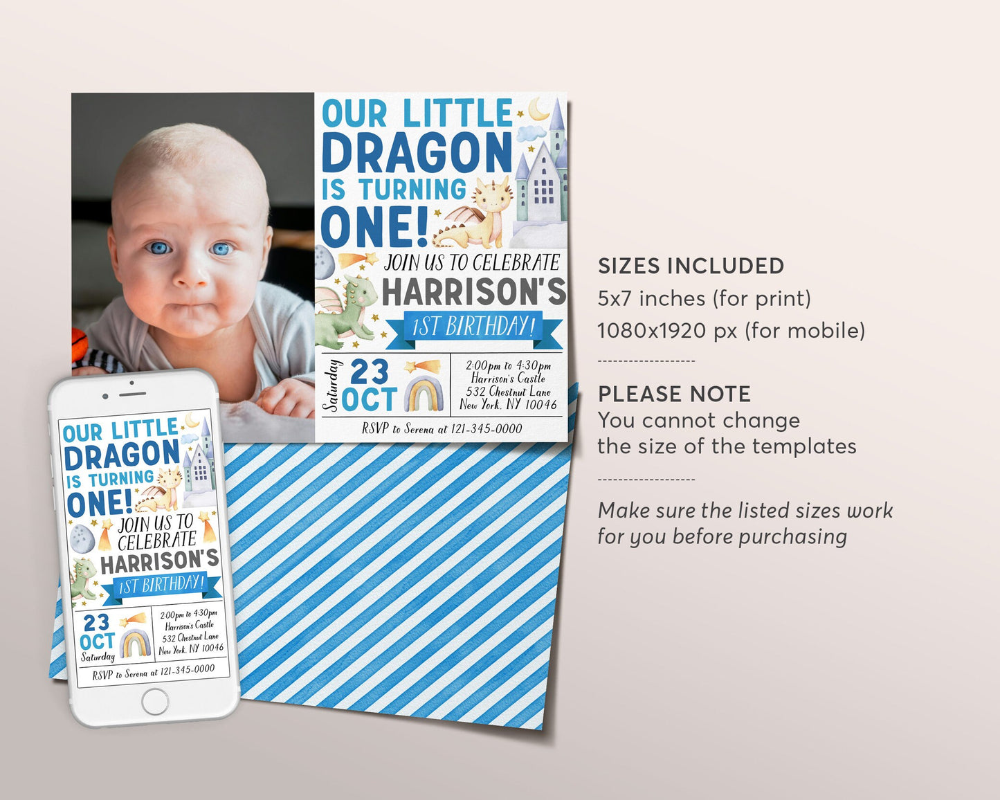 Dragon First Birthday Invitation With Photo Editable Template, Boy Magical Adventure Little Dragon Theme Party Invite , Dragons Castle Evite