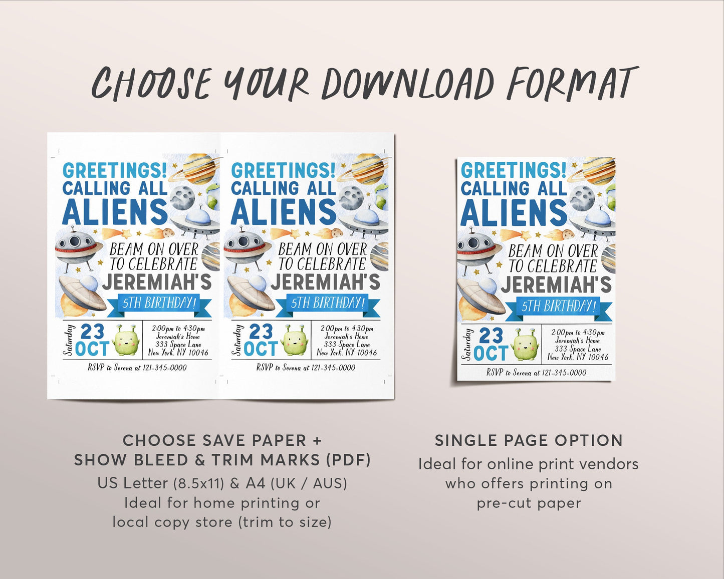 UFO Alien Birthday Invitation Editable Template, Beam On Over Outer Space Party Invite, Out Of This World Flying Saucer Aliens Planets Evite