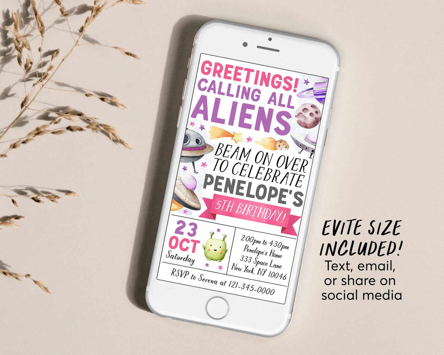 UFO Alien Birthday Invitation Editable Template, Girl Beam On Over Outer Space Party Invite, Out Of This World Flying Saucer Aliens Evite