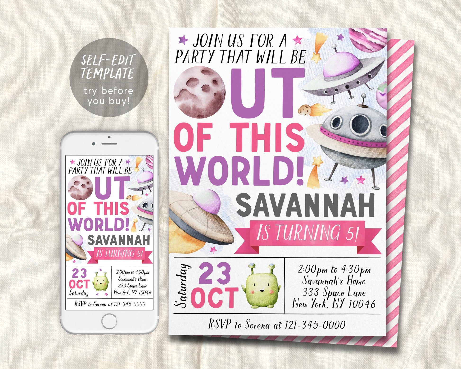 Outer Space Aliens Birthday Invitation Editable Template