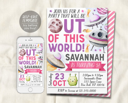 Outer Space Aliens Birthday Invitation Editable Template