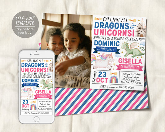 Dragons and Unicorns Joint Siblings Birthday Invitation With Photo Editable Template