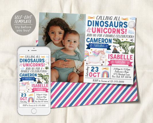 Dinosaurs and Unicorns Joint Siblings Birthday Invitation With Photo Editable Template