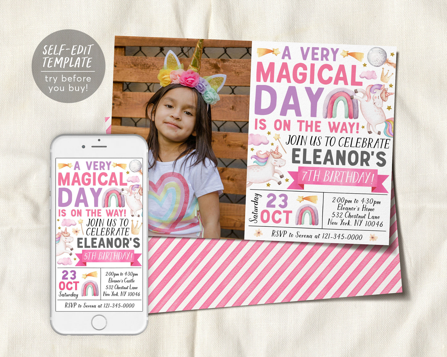 Unicorn Birthday Invitation With Photo Editable Template