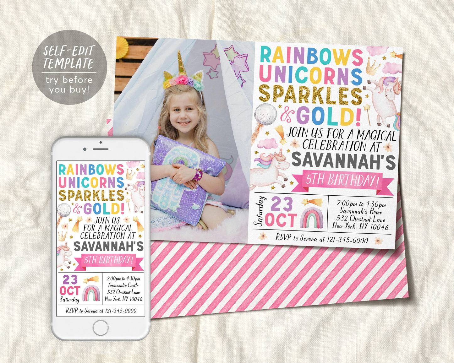 Unicorn Rainbow Birthday Invitation With Photo Editable Template