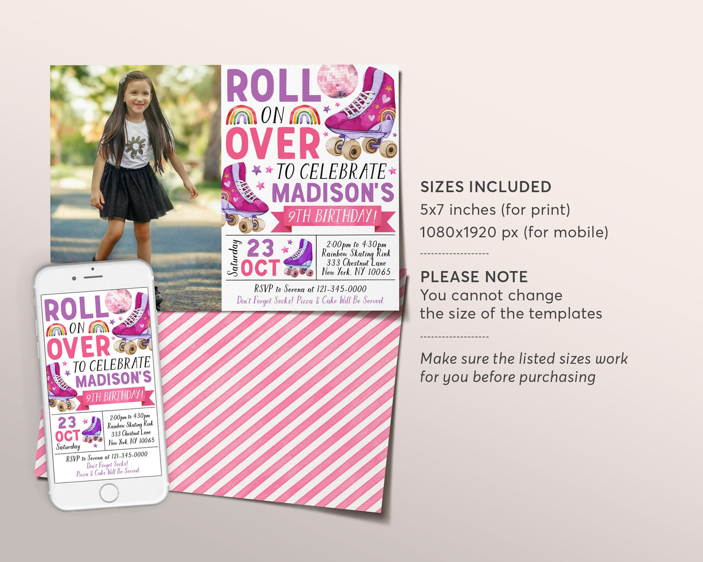 Roller Skating Birthday Invitation With Photo Editable Template, Girl Roller Skate Party Invite, Kids Roll On Over Rollerskating Rink Evite