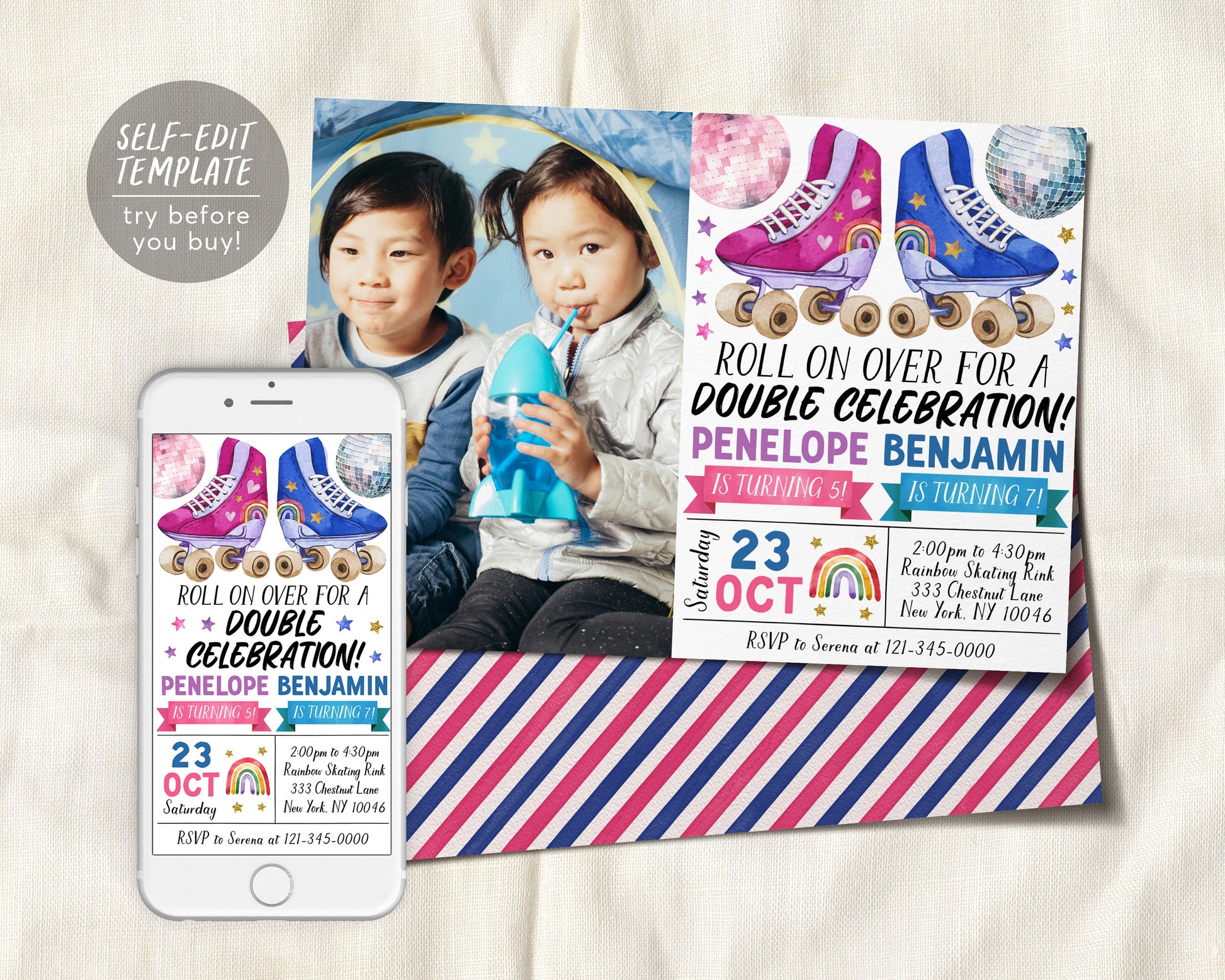 Roller Skating Joint Siblings Double Birthday Invitation With Photo Editable Template