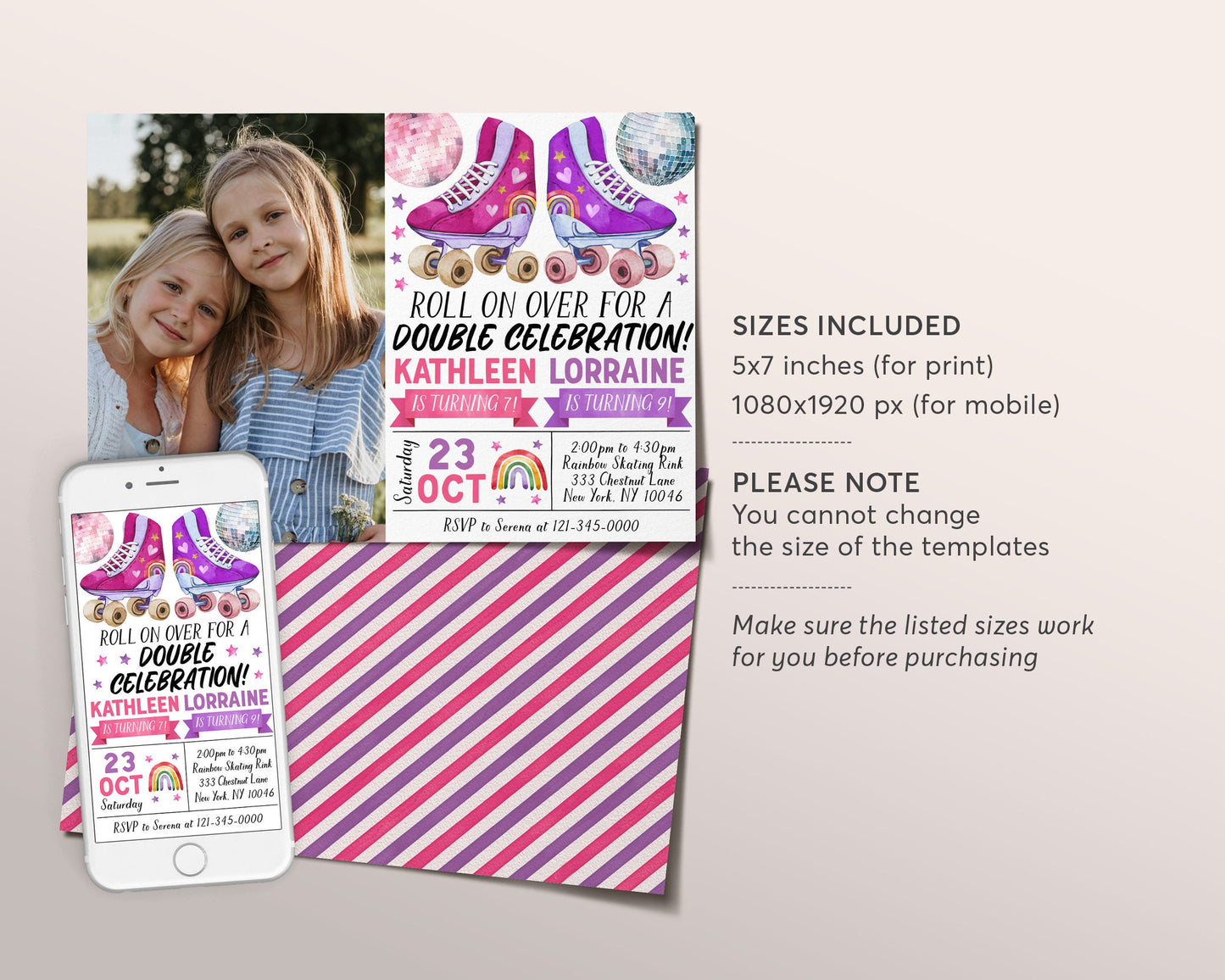 Roller Skating Joint Siblings Birthday Invitation With Photo Editable Template, Girls Twins Roller Skate Party Invite, Rollerskating Rink