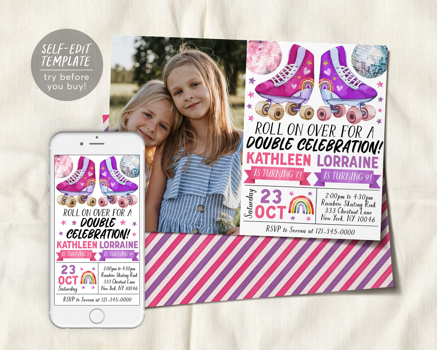 Roller Skating Joint Siblings Double Birthday Invitation With Photo Editable Template