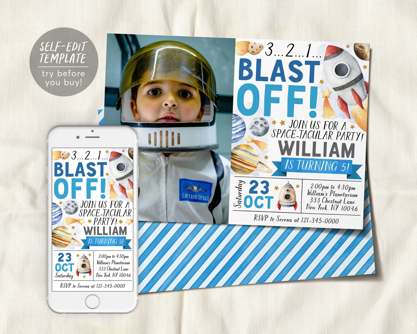 Outer Space Birthday Invitation With Photo Editable Template