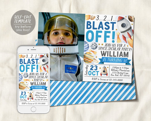 Outer Space Birthday Invitation With Photo Editable Template