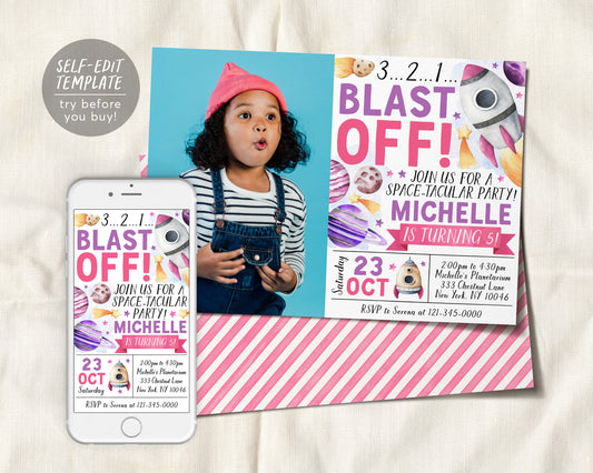 Outer Space Birthday Invitation With Photo Editable Template