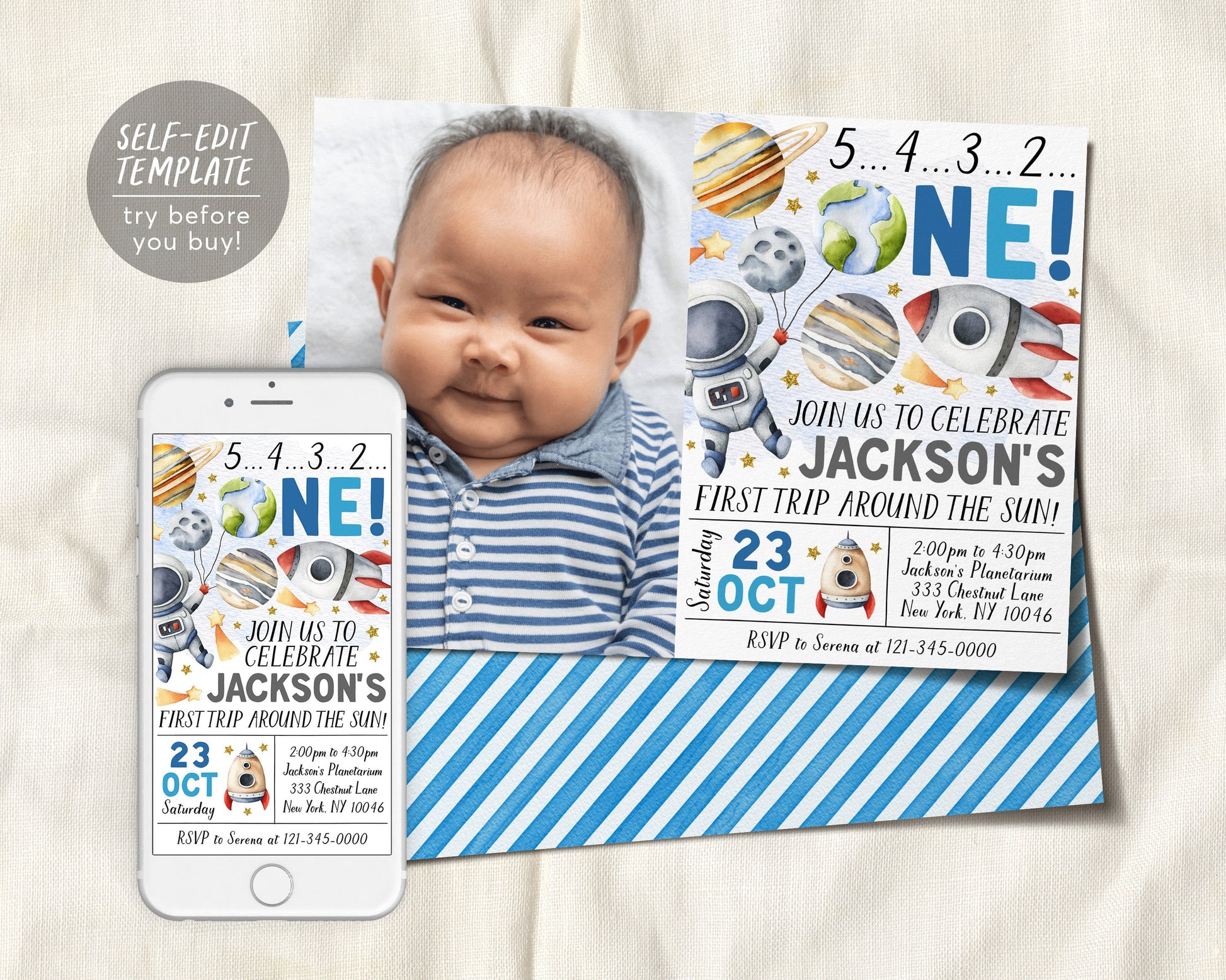 Outer Space First Birthday With Photo Invitation Editable Template