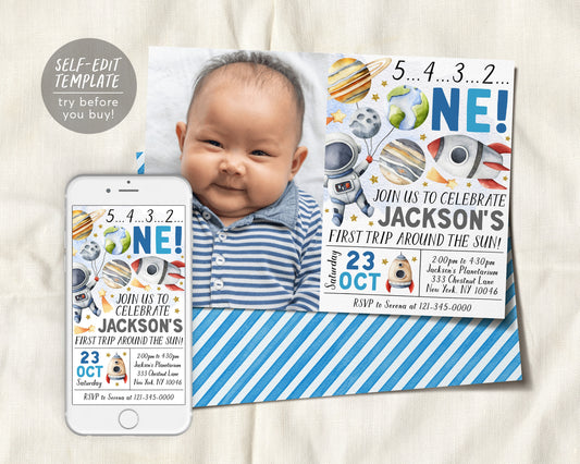 Outer Space First Birthday With Photo Invitation Editable Template