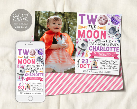 Outer Space Second Birthday Invitation With Photo Editable Template