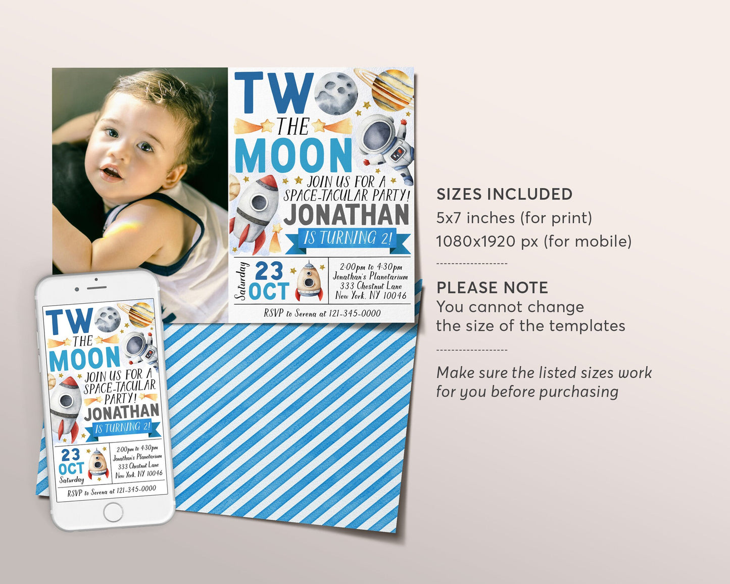 Outer Space Second Birthday Invitation With Photo Editable Template, Boy Two the Moon 2nd Birthday Party Invite, Astronaut Rocket Ship Evite