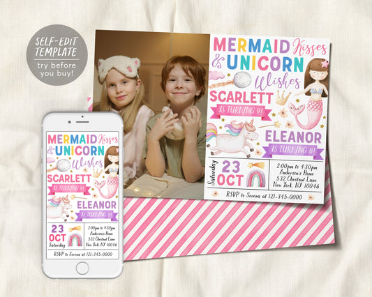 Mermaids And Unicorns Joint Siblings Birthday Invitation With Photo Editable Template