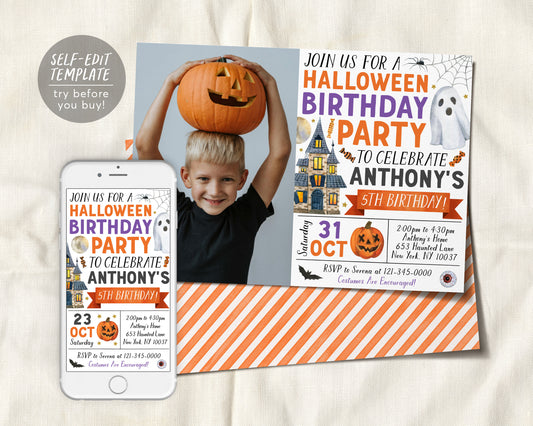 Halloween Birthday Invitation With Photo Editable Template