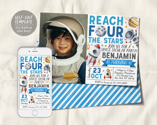 Outer Space 4th Birthday Invitation With Photo Editable Template