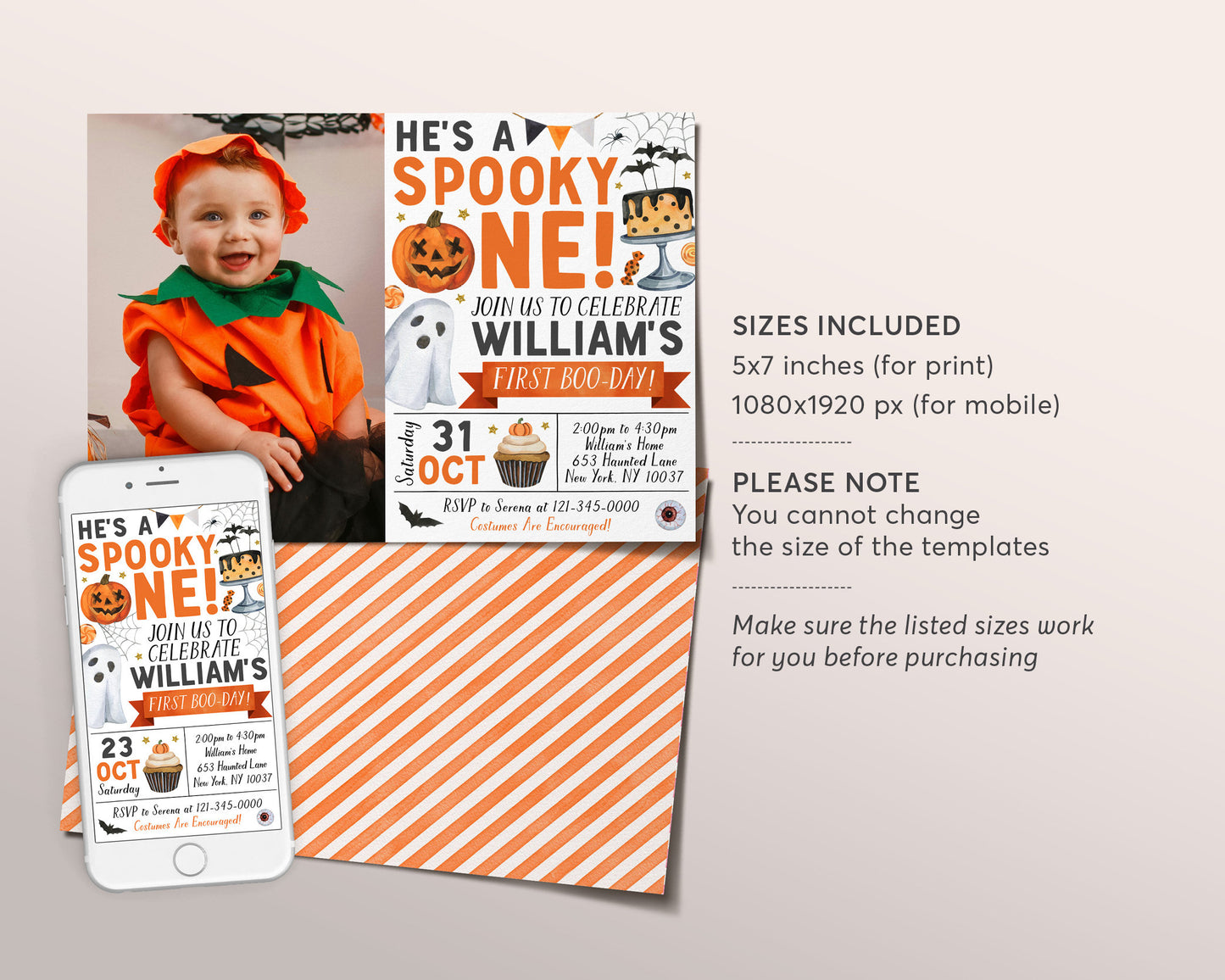 Spooky One Halloween Birthday Invitation With Photo Editable Template, Ghost Spooky First Birthday Party Invite Spooktacular Costume Evite