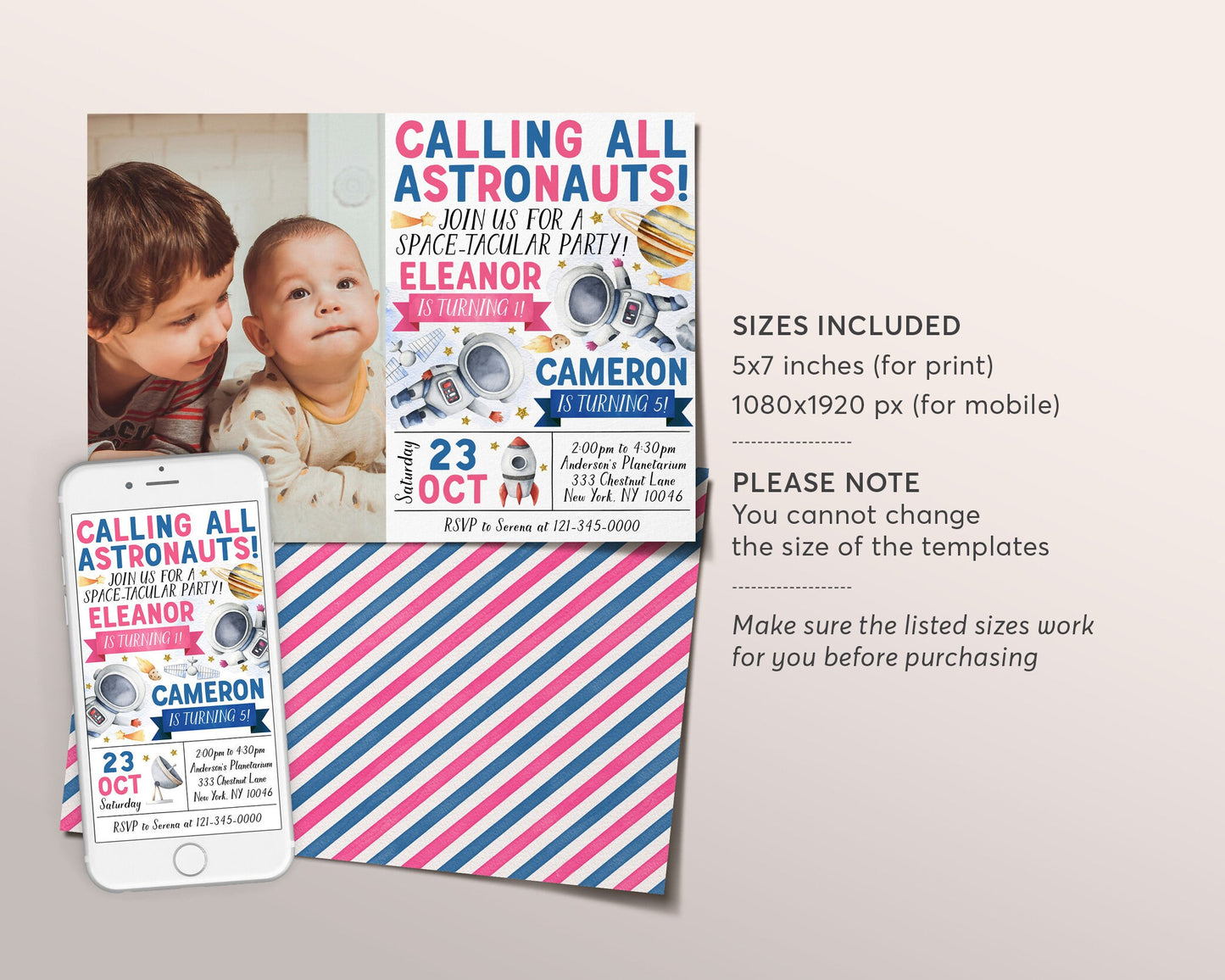 Astronaut Joint Siblings Birthday Invitation With Photo Editable Template, Girl Boy Twins Outer Space Themed Party Invite, Rocket Ship Evite