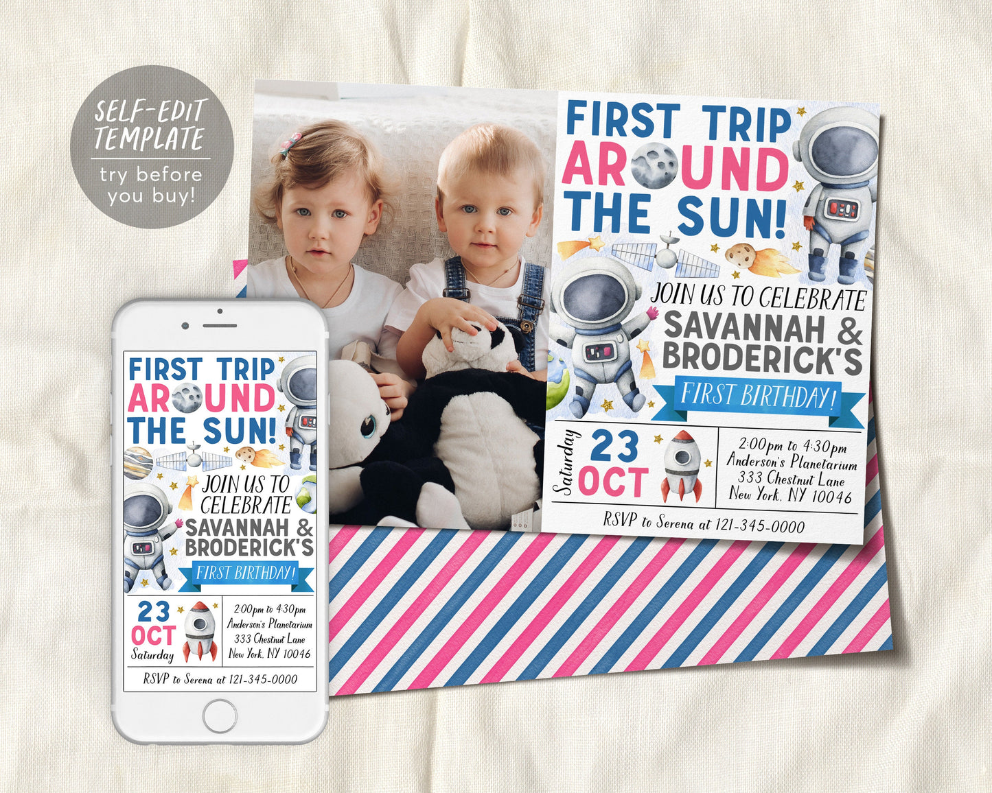 Outer Space First Birthday Joint Twins Siblings Invitation With Photo Editable Template