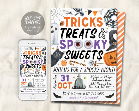 Halloween Party Invitation Editable Template, Tricks Treats and Spooky Sweets Celebration Invite, Kids Spooktacular Costume Party Evite