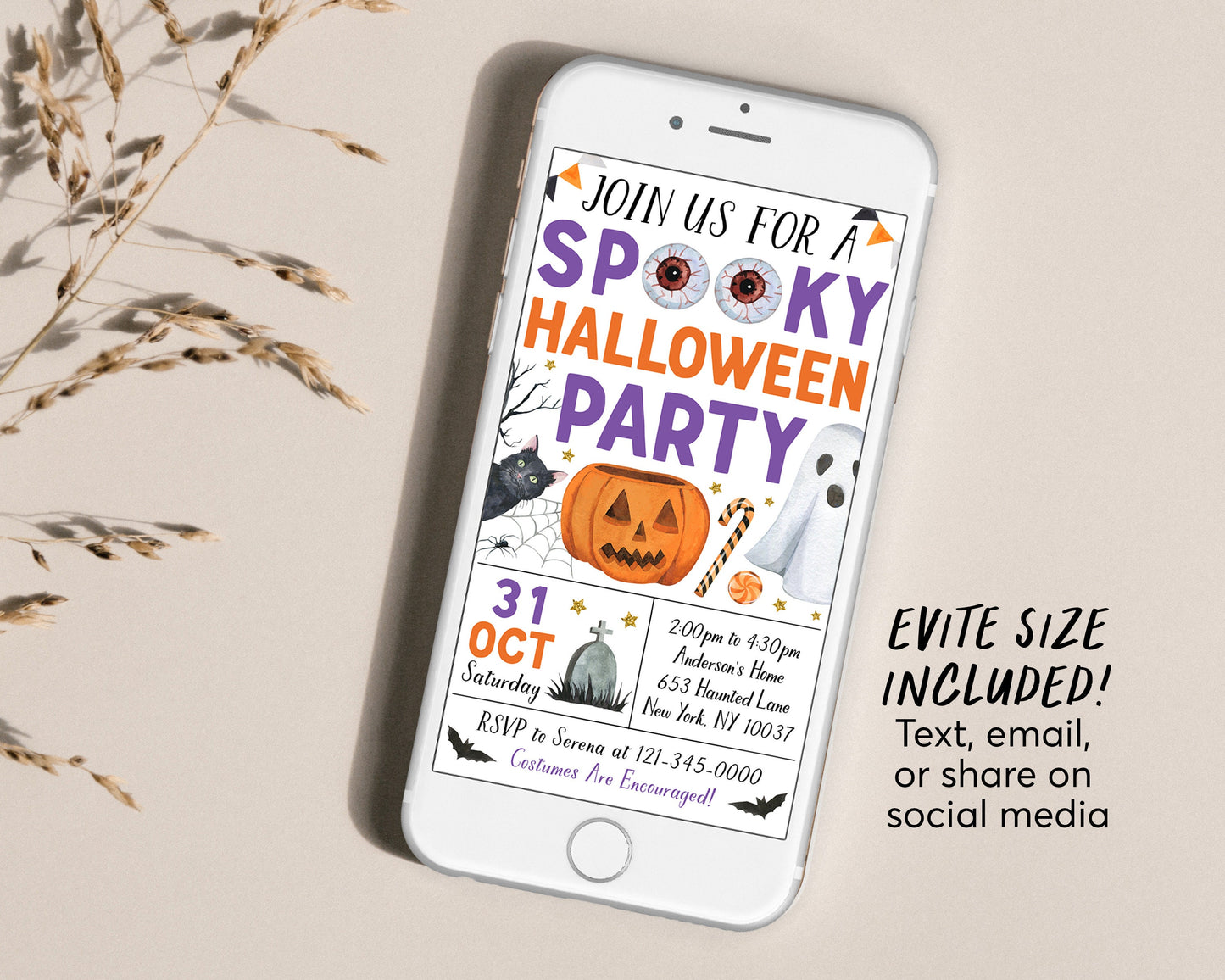 Halloween Party Invitation Editable Template, Kids Spooky Night Party Invite, Spooktacular Halloween Celebration Party Evite, Trick Or Treat