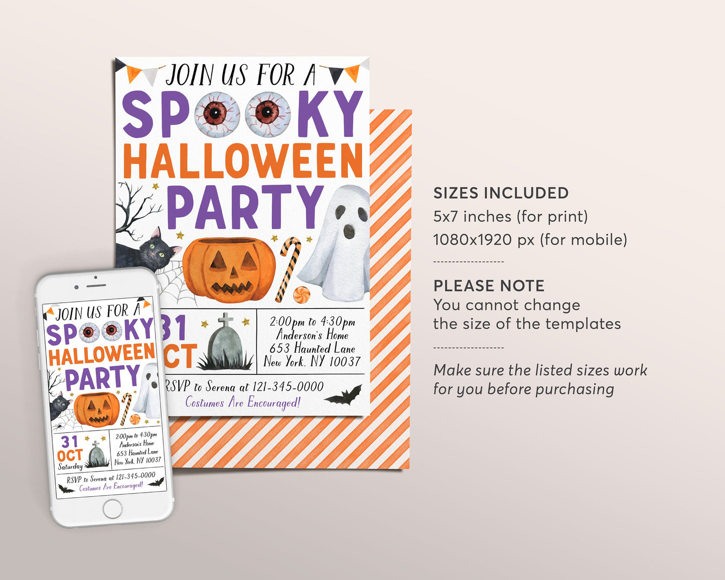 Halloween Party Invitation Editable Template, Kids Spooky Night Party Invite, Spooktacular Halloween Celebration Party Evite, Trick Or Treat