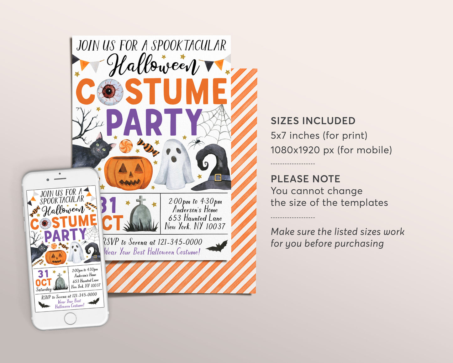 Halloween Costume Party Invitation Editable Template, Kids Spooky Night Party Invite, Spooktacular Celebration Party Evite, Trick Or Treat