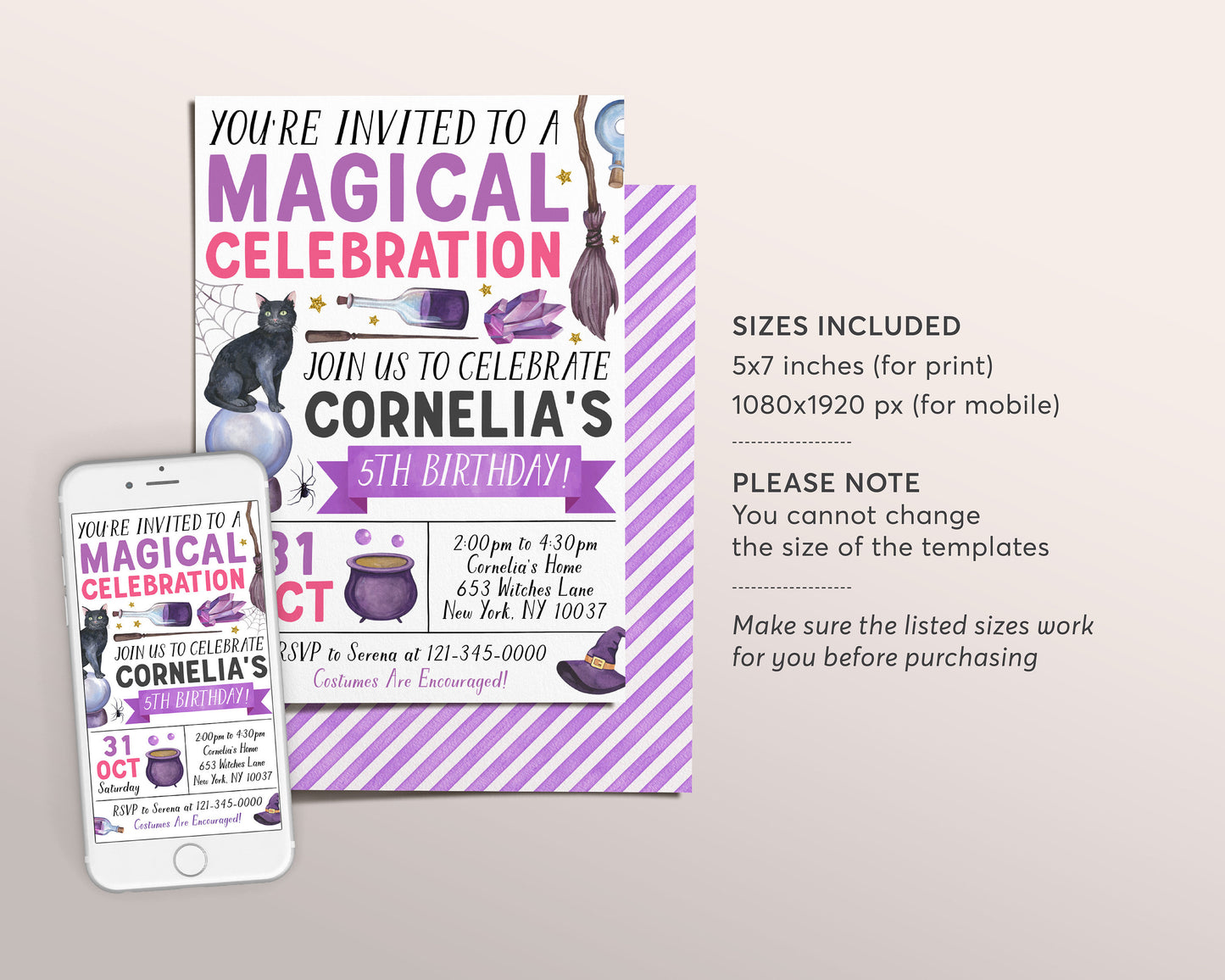 Magical Witch Birthday Invitation Editable Template, Magic Potion Witchcraft Halloween Night Party Invite, Kids Witches Cauldron Party