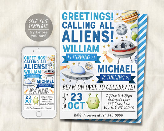 UFO Alien Joint Siblings Birthday Invitation Editable Template