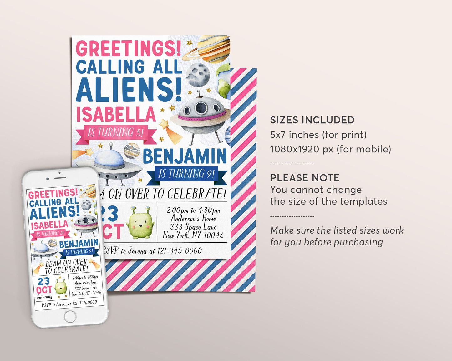 UFO Alien Joint Siblings Birthday Invitation Editable Template, Boy Girl Beam On Over Outer Space Party Invite, Out Of This World Evite