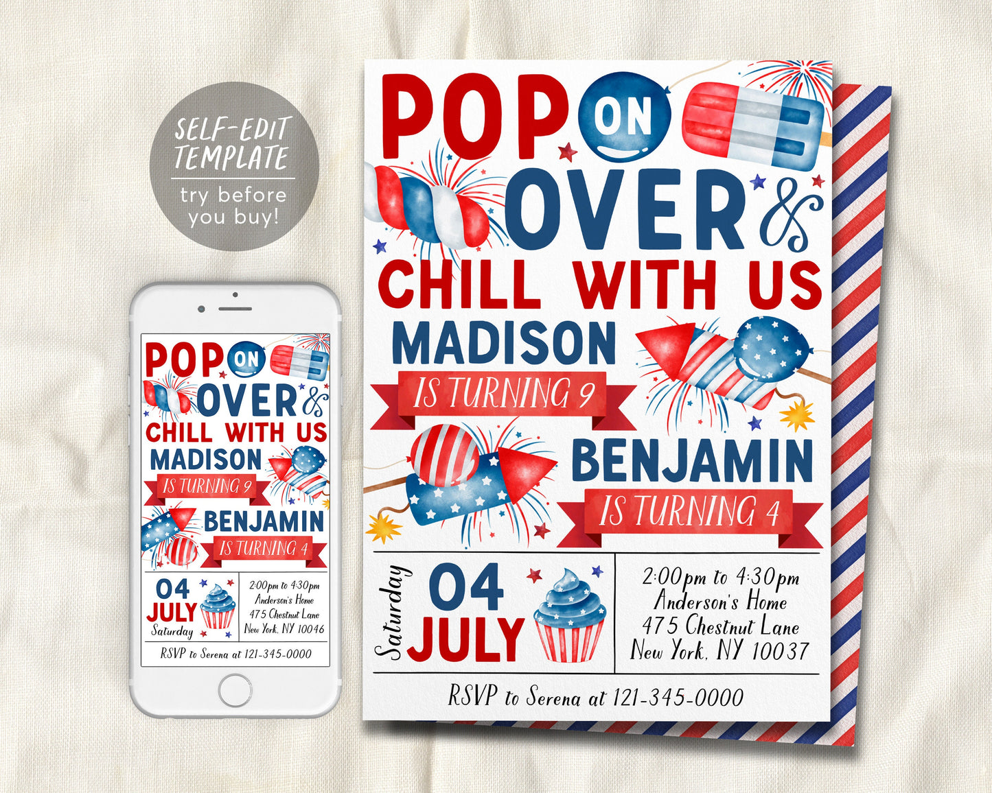 4th of July Joint Siblings Birthday Invitation Editable Template