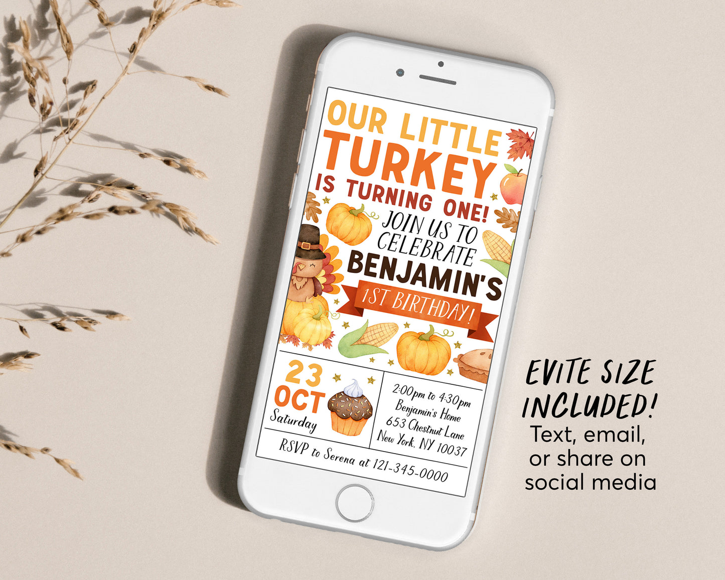 Little Turkey First Birthday Invitation Editable Template, Kids Thanksgiving Theme 1st Birthday Party Invite, Autumn Fall Birthday Evite