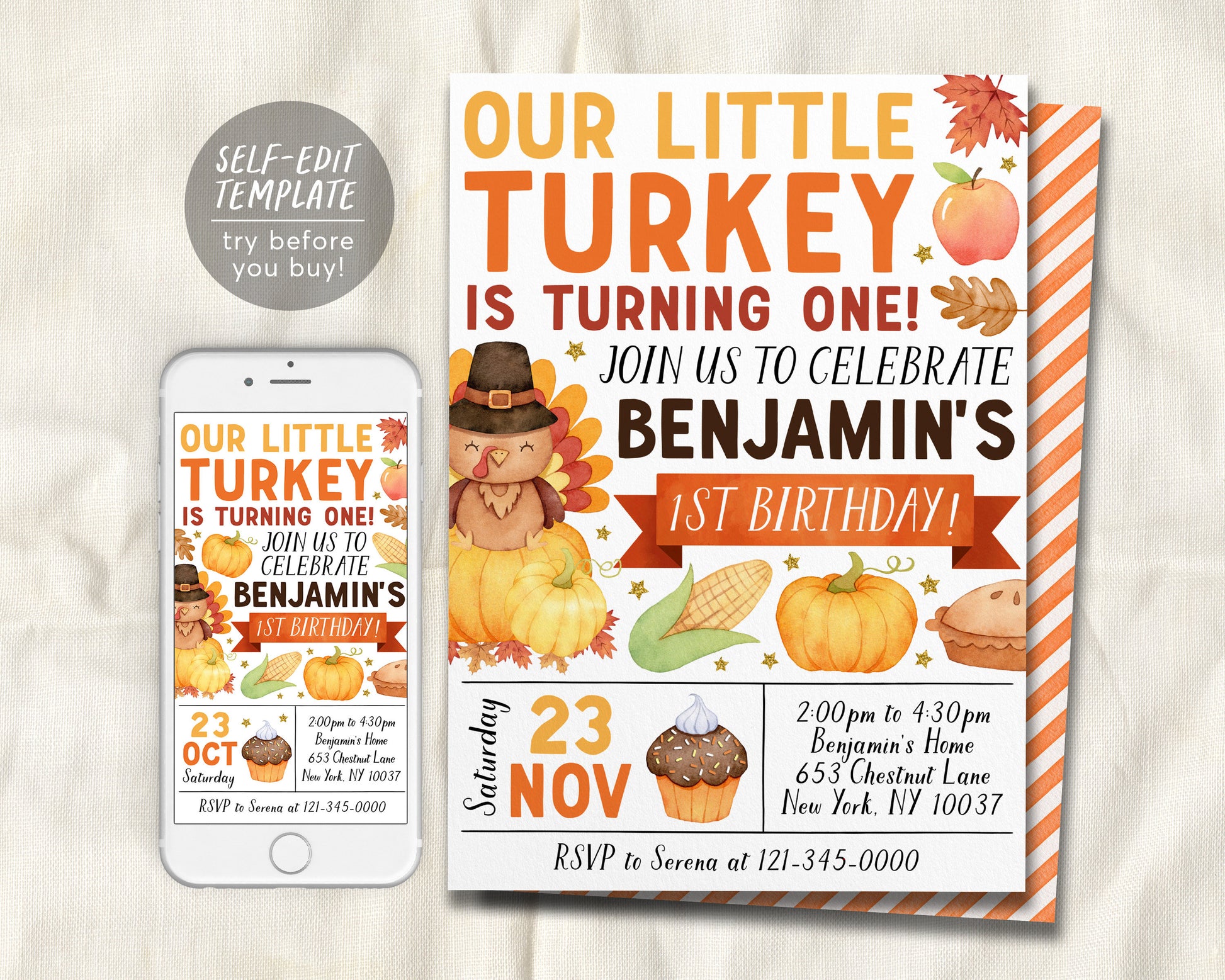 little turkey first birthday invitation editable template, kids thanksgiving theme 1st birthday party invite, autumn fall birthday evite